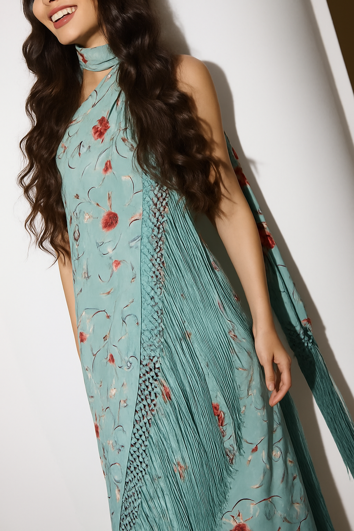 Floral Print Halter Neck Sleeveless Elegant Tassel Maxi Dress