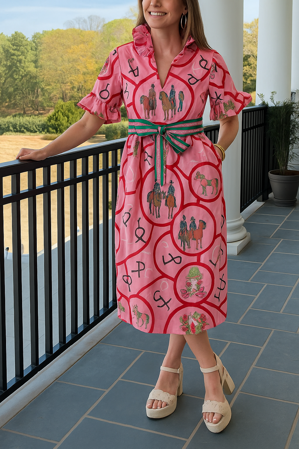 Churchill Social Playful Warhorse Print Stand Neck Ruffle Sleeve Belted Pocket Caftan Midi Dress