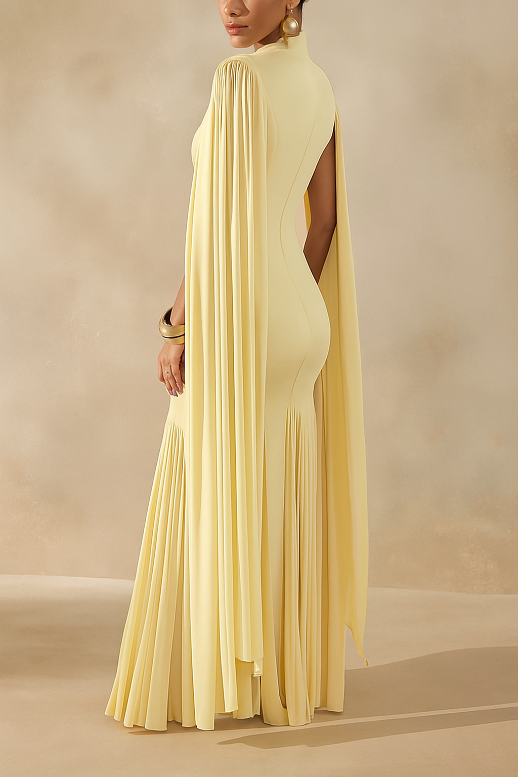 Elegant High-Neck Cape Detail Maxi Dress
