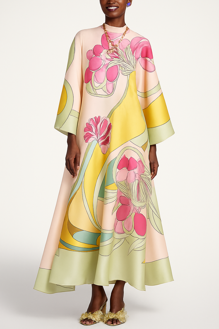 Darla Satin Colorful Baroque Style Printed Tie-up Neck Bell Sleeve Maxi Dress
