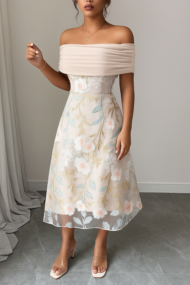 Elegant Ruched Off-Shoulder Floral Appliqué Midi Dress
