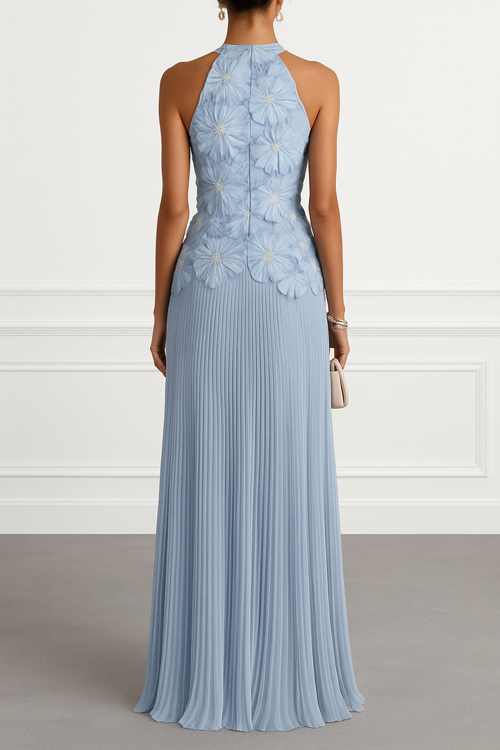 Emilie 3D Floral Embroidery Pleated Chiffon Hem Halter Neck Sleeveless Maxi Dress