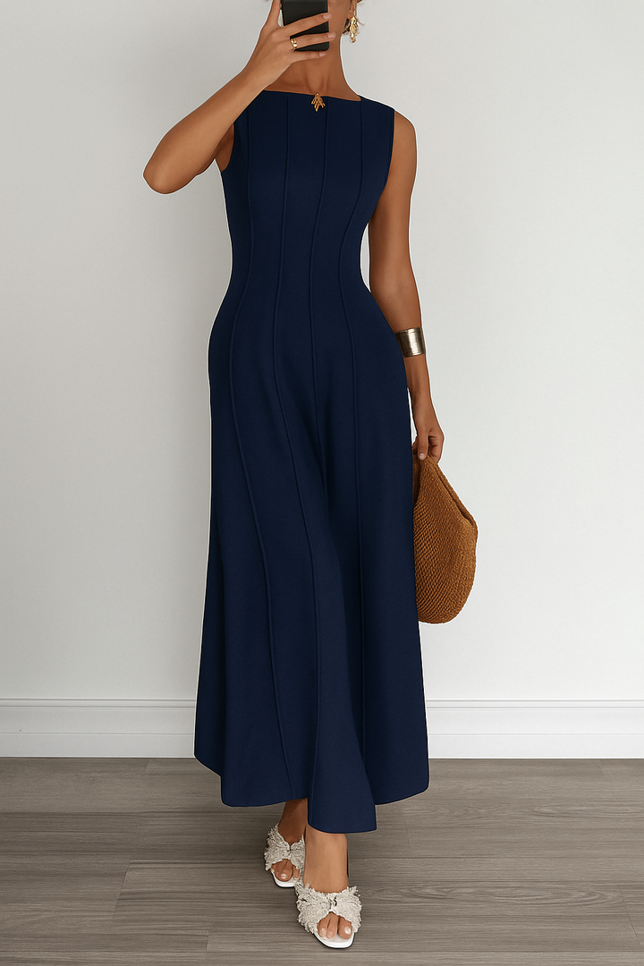 Solid Color Round Neck Sleeveless Elegant Pleated Casual Maxi Dress