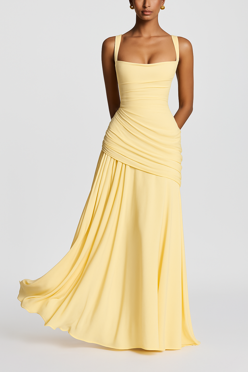 Stylish Spaghetti Strap Square Neck Slim-fit Elegant Pleated Maxi Dress