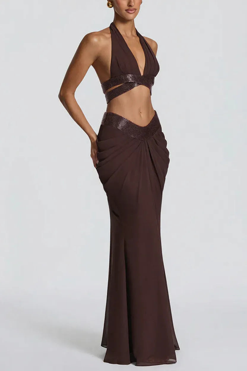 Sophie Chiffon Embellished Trim Crop Halter Tank and Dramatic Gathered Drape Maxi Skirt Set