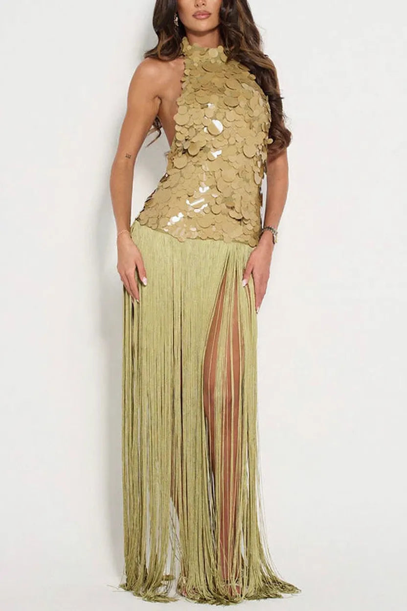 Eye-catching Metallic Disc Sequin Embellishments Overlay Fringe Hem Halter Neck Maxi Dress