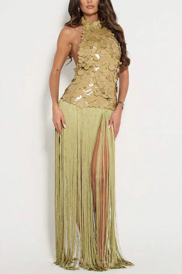 Eye-catching Metallic Disc Sequin Embellishments Overlay Fringe Hem Halter Neck Maxi Dress