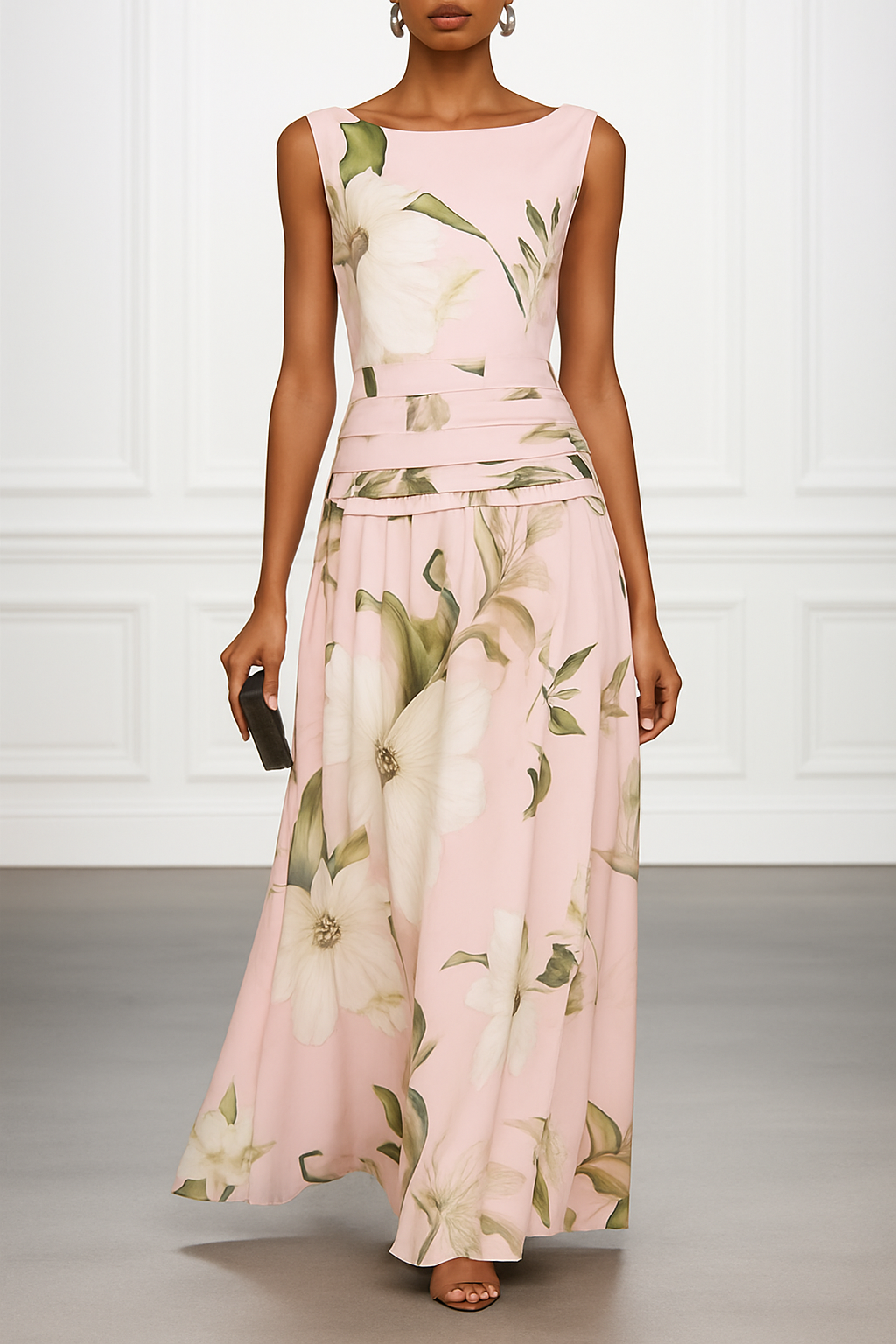 Classic Floral Print Boat Neck Ruched Waist Sleeveless A-Line Maxi Dress