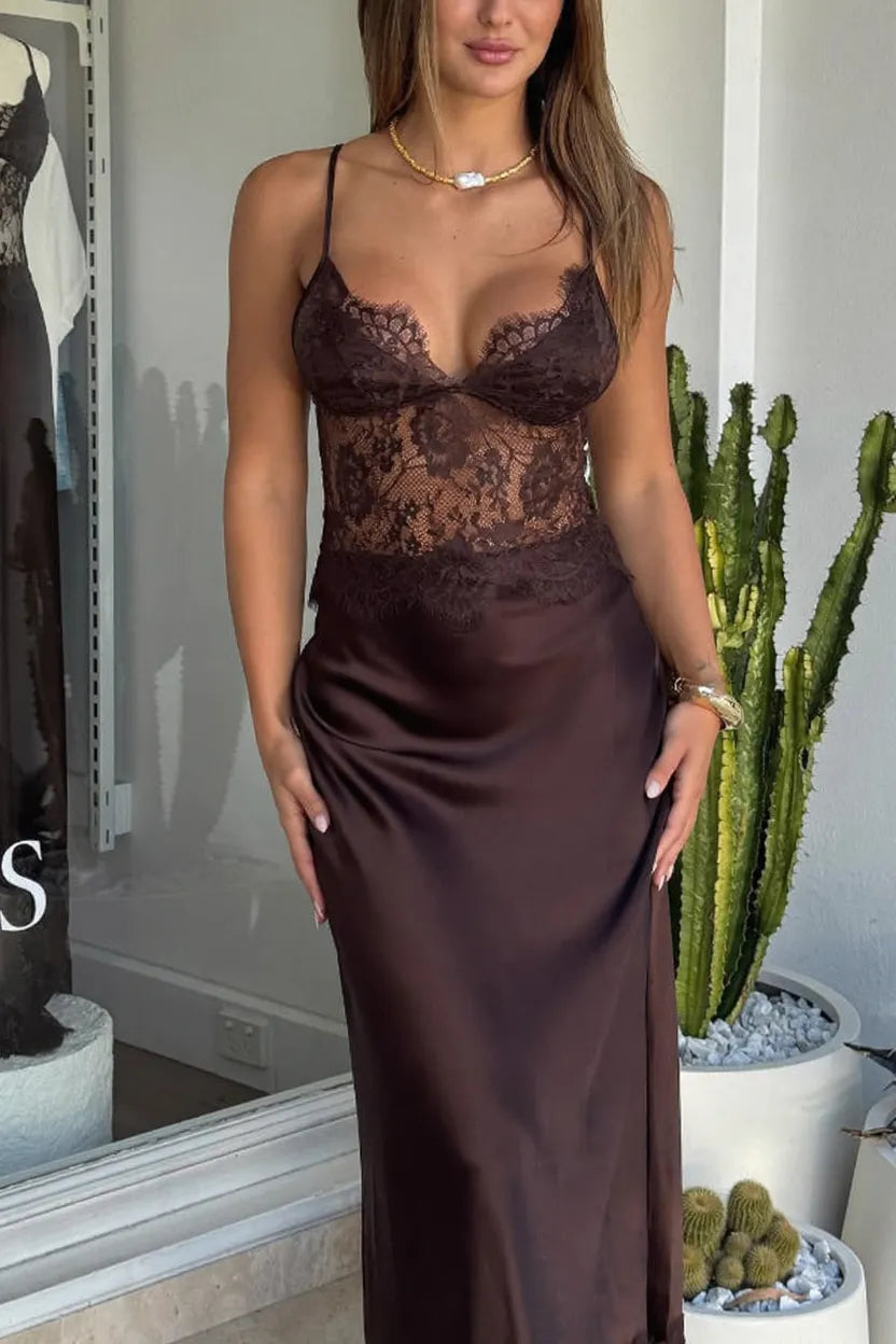 Fashionable Satin Lace Patchwork Sheer V-neck Elegant Slim-fit Maxi Dress