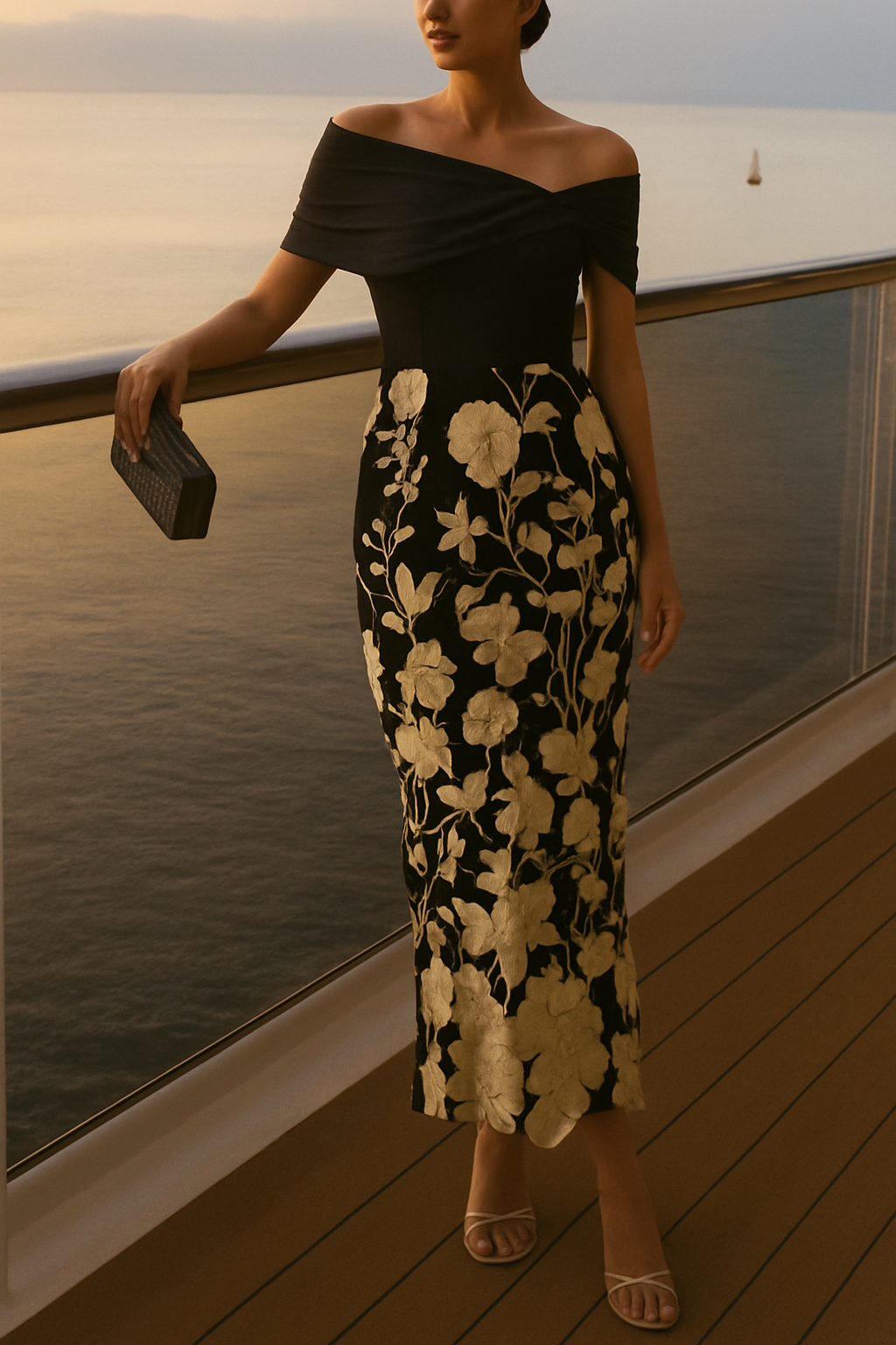 Classic 3D Floral Embroidery Off The Shoulder Short Sleeve Sheath Midi Dress