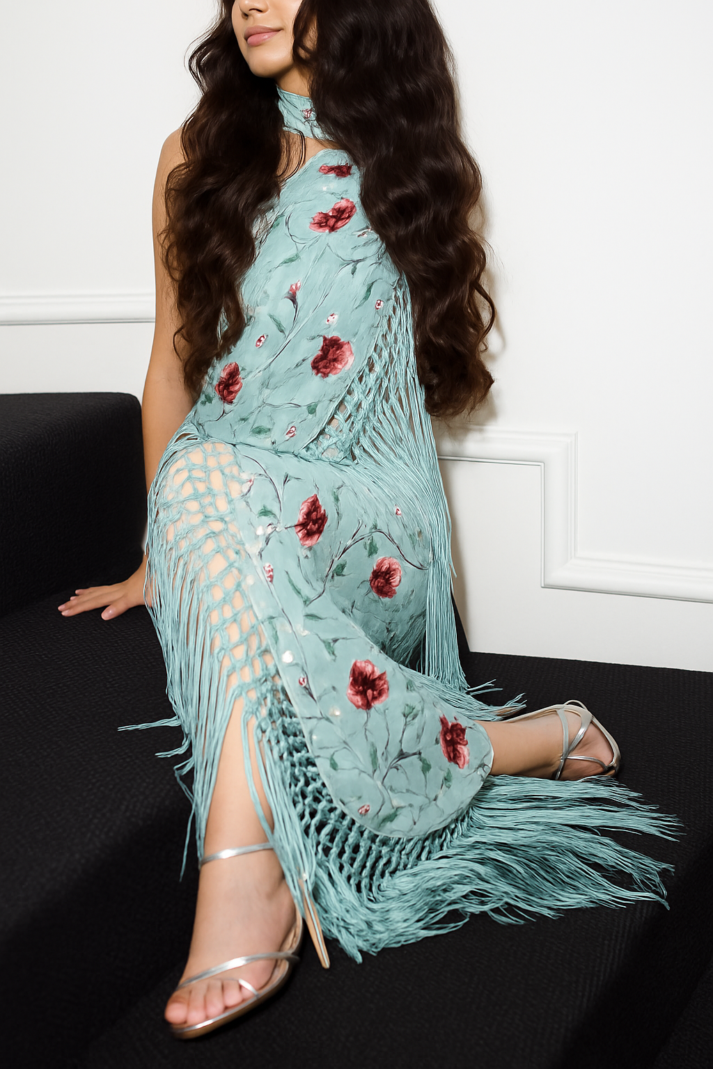 Floral Print Halter Neck Sleeveless Elegant Tassel Maxi Dress