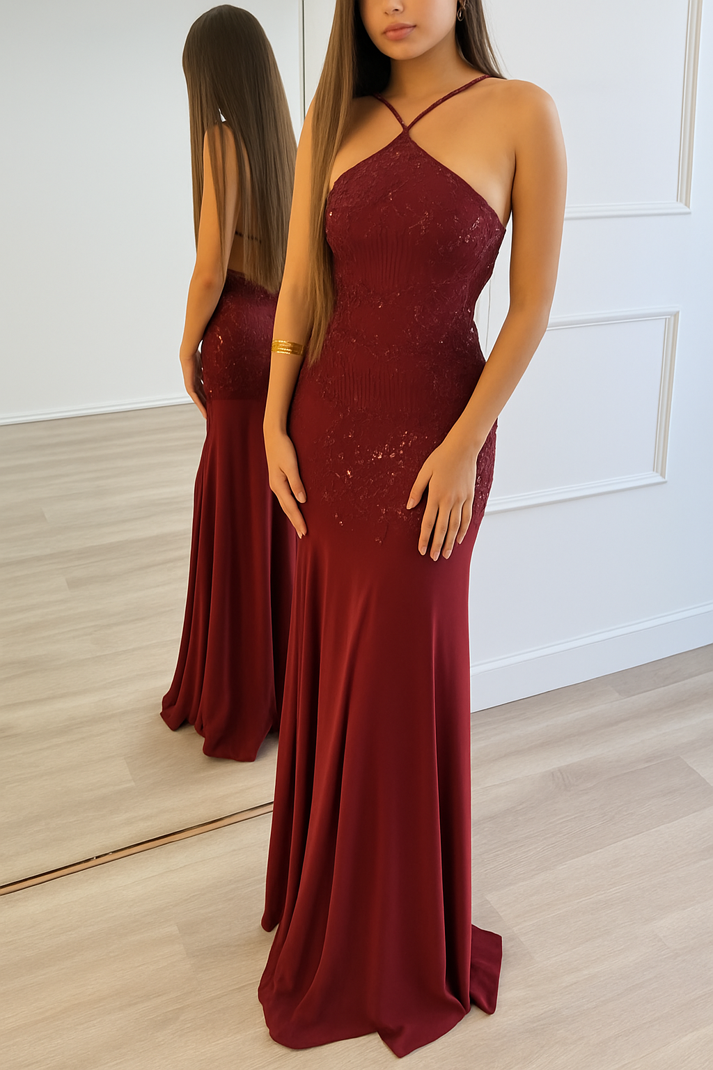 Fashionable Sequined Halter Neck Elegant Slim-fit Slit Maxi Dress