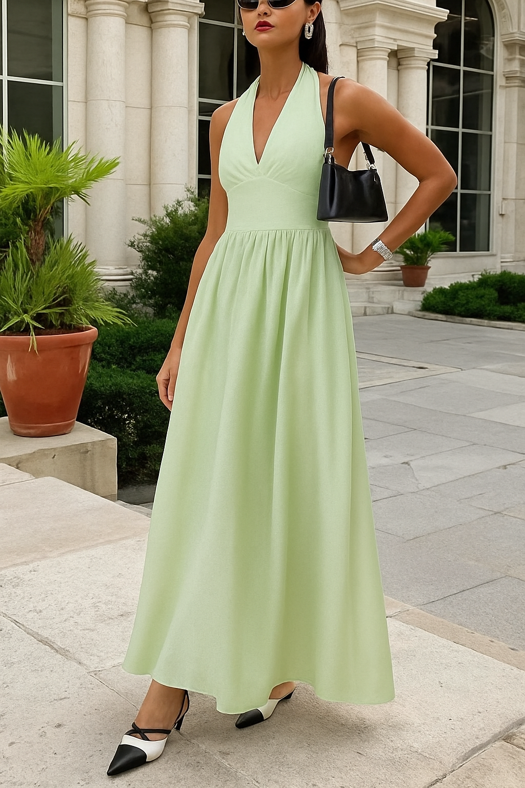 Solid Color Halter Neck Tie Elegant Backless Waist-cinching Maxi Dress