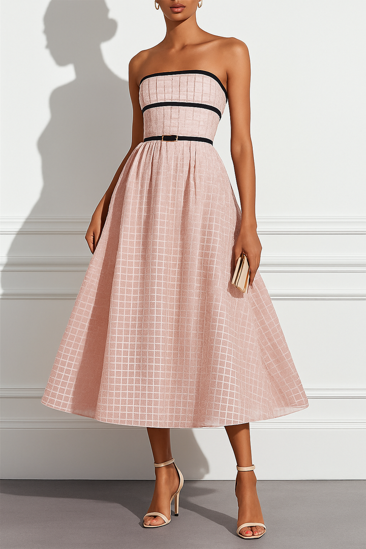 Stardust Plaid and Sequin Bow Patchwork Detail Strapless A-line Midi Dress