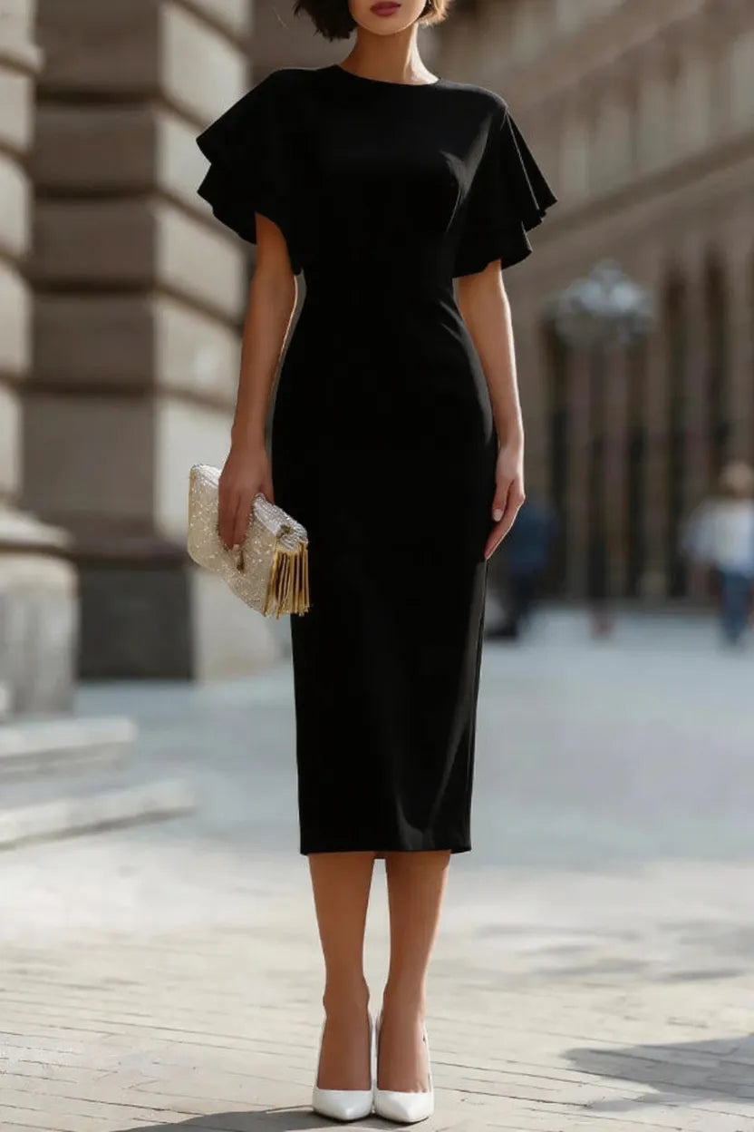 Solid Color Round Neck Ruffle Sleeve Elegant Slim-fit Midi Dress
