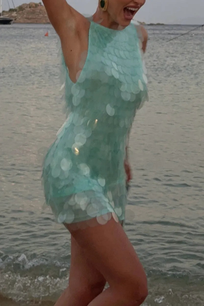 Shimmer and Glisten Sequin Boat Neck Sleeveless Open Back Mini Dress