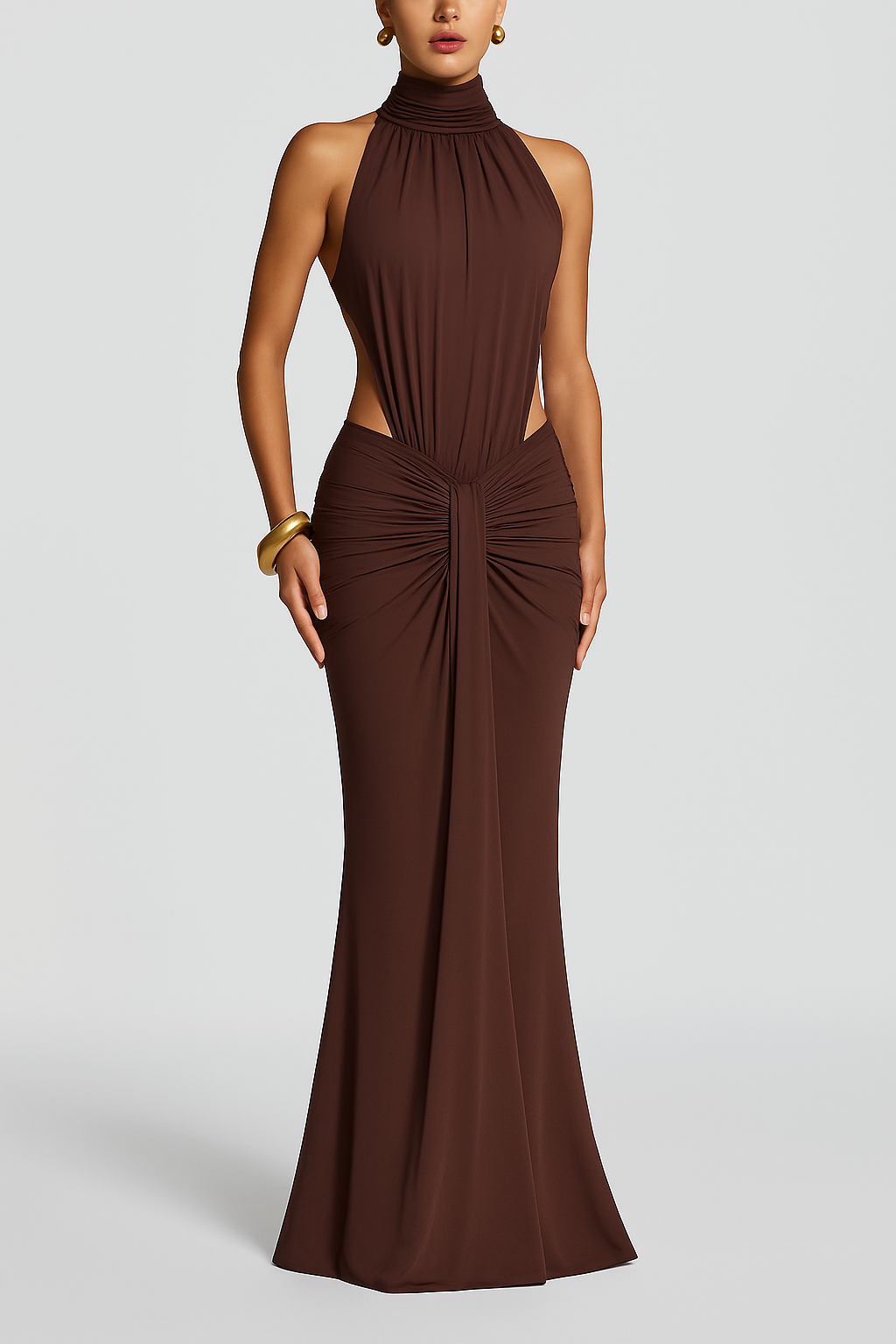 Thekla Stretch Slinky Jersey High Neck Ruched Backless Drape Maxi Dress