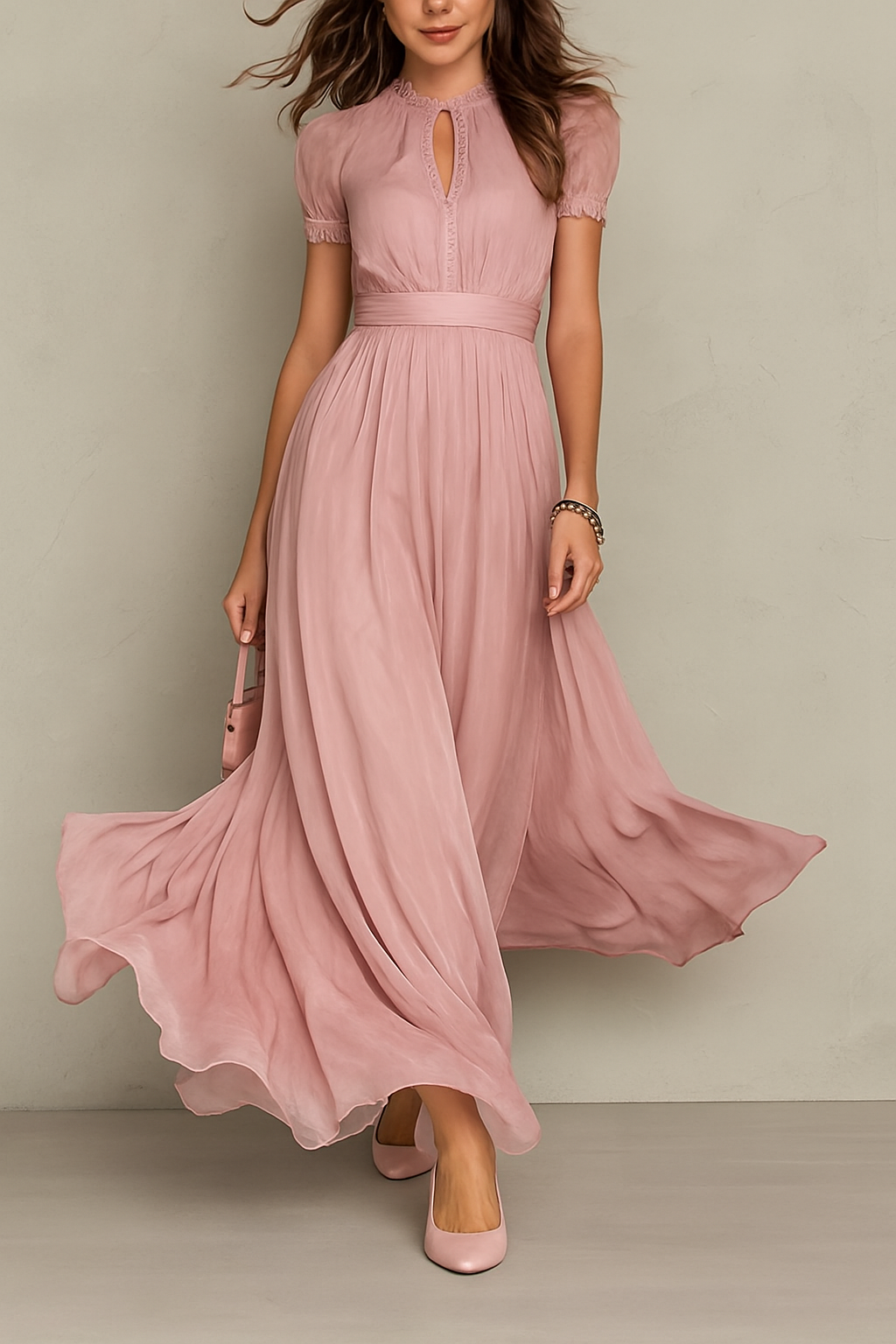 Elegant Lace Trim Keyhole Puff Sleeve Flowing Chiffon Maxi Dress