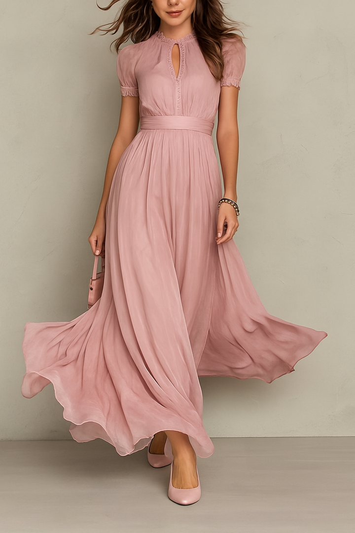 Elegant Lace Trim Keyhole Puff Sleeve Flowing Chiffon Maxi Dress