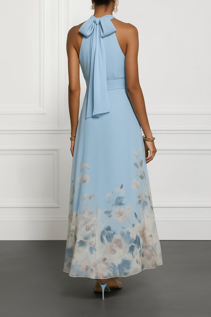 Floral Print Halter Neck Sleeveless Elegant Waist-cinching Maxi Dress