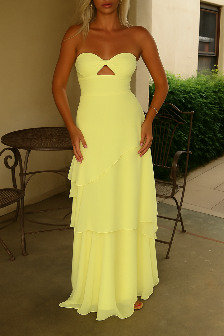 Gretta Heart-shaped Cutout Neckline Layered Ruffles Strapless Maxi Dress