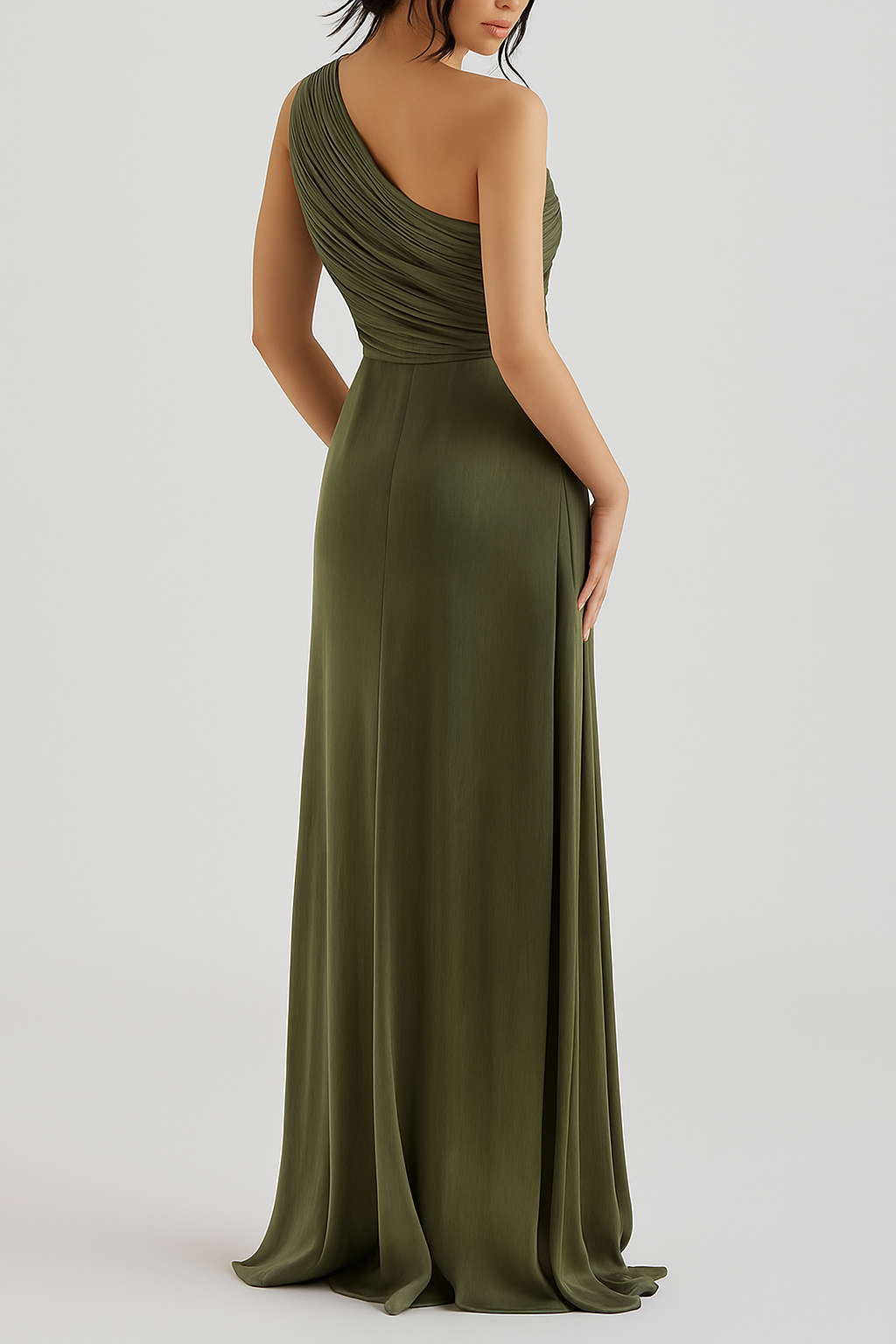 Calley Pleated Satin One Shoulder Sequin Waist Design Scarf Maxi Dress