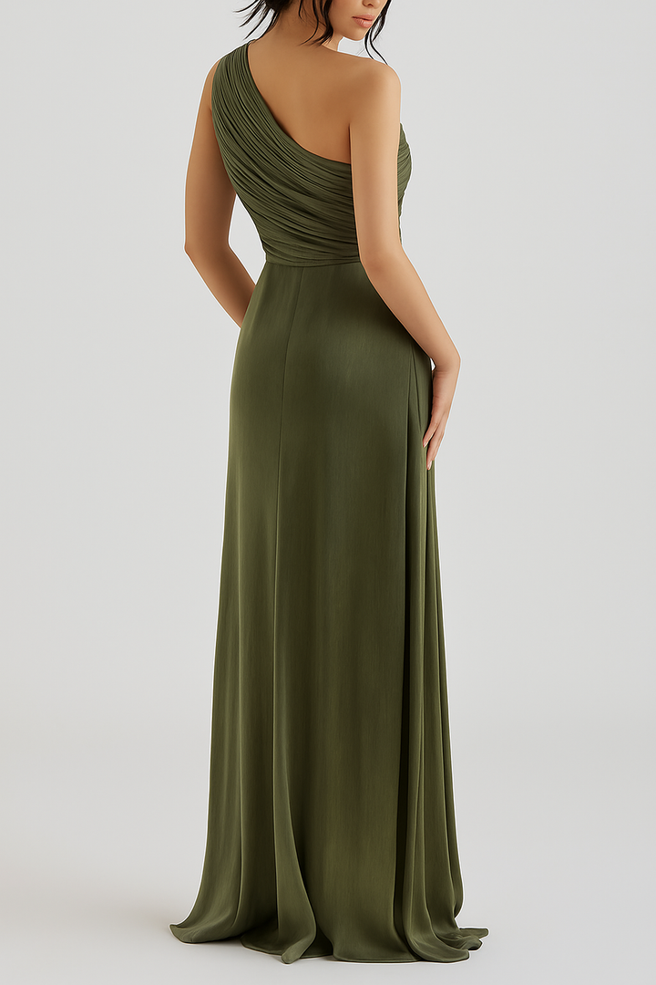 Calley Pleated Satin One Shoulder Sequin Waist Design Scarf Maxi Dress