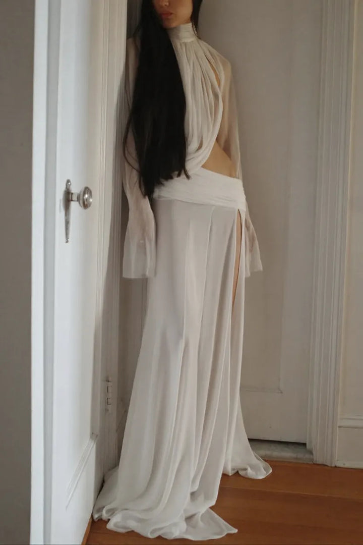 Sexy See-through High-neck Long-sleeved Draped Top and High-waisted Slit Maxi Skirt Vacation Set