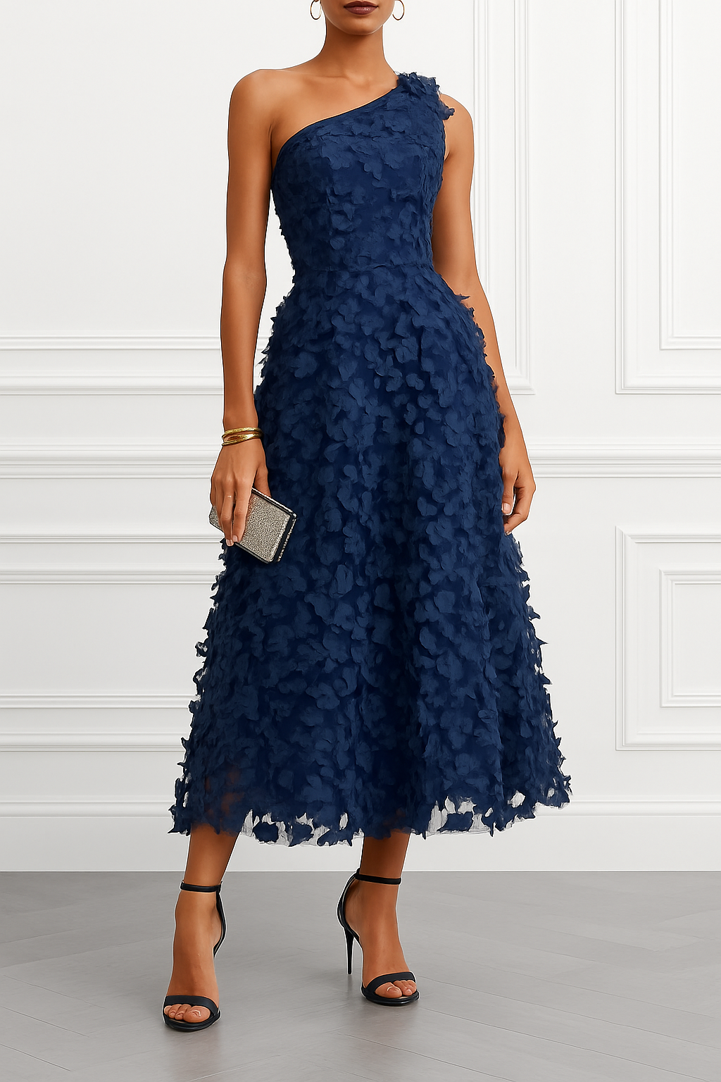 Lynelle Tulle 3D Floral Butterfly One Shoulder Sleeveless A-Line Midi Dress