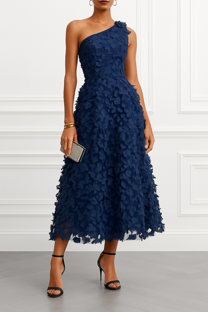 Lynelle Tulle 3D Floral Butterfly One Shoulder Sleeveless A-Line Midi Dress