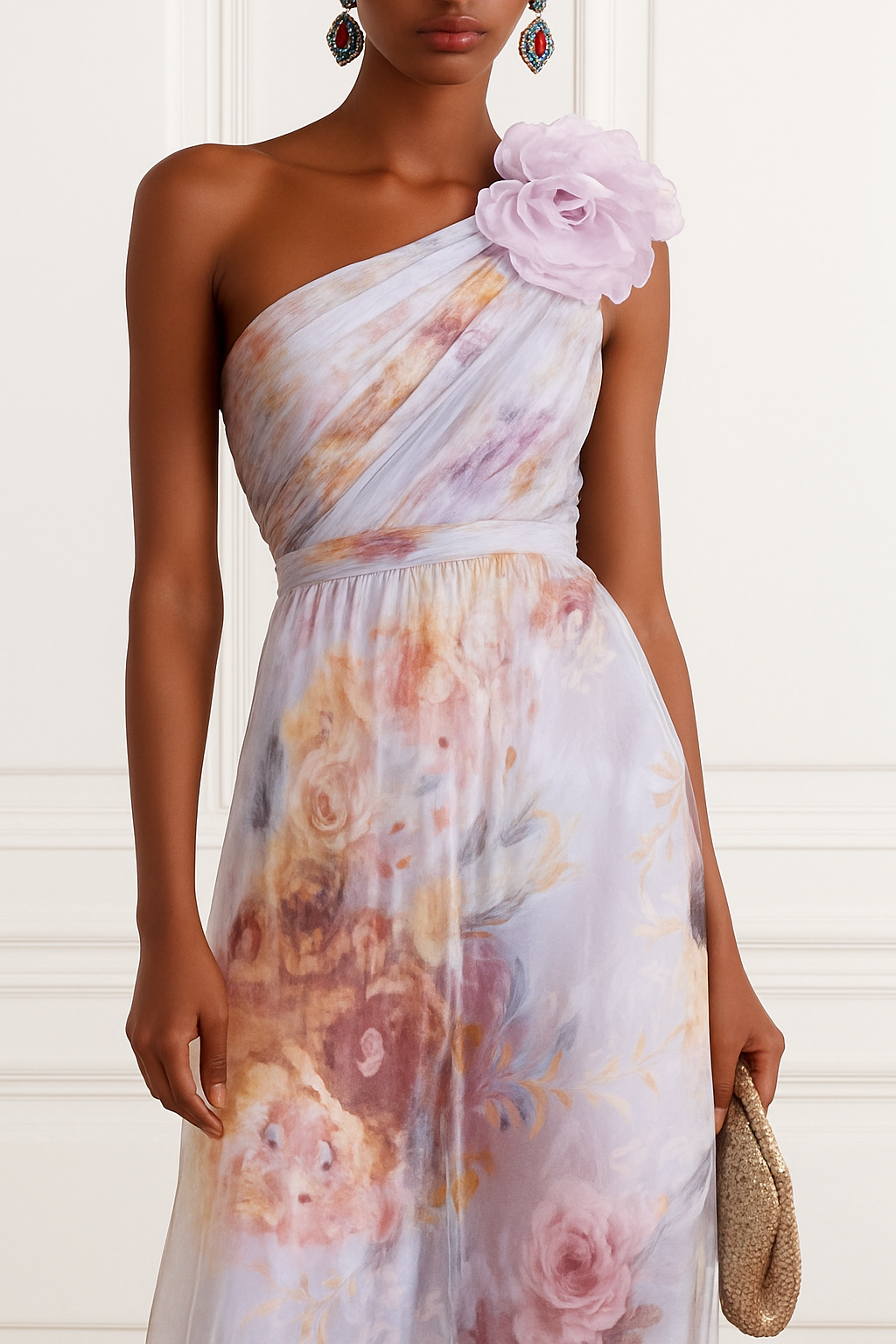 Verne Chiffon 3D Floral One Shoulder Pleated Sleeveless A-Line Gown Maxi Dress