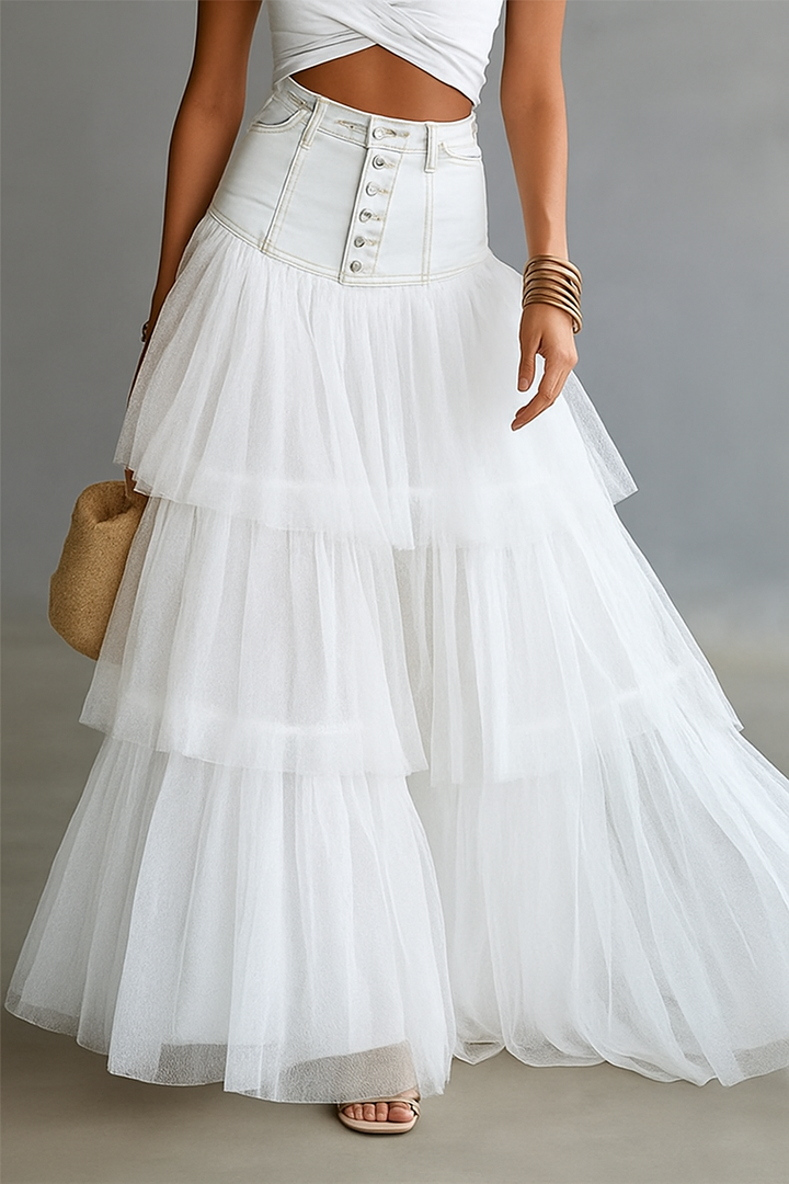 Y2K Fairycore Denim Corset Waist Tulle Maxi Skirt