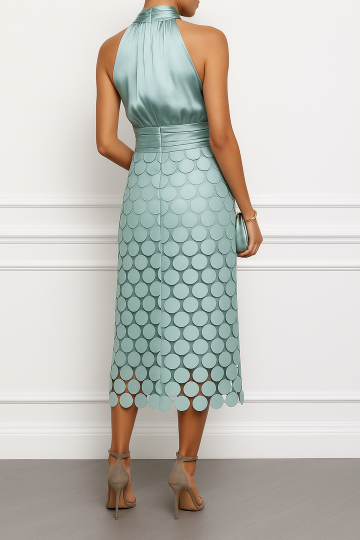 Janice Satin Ruched Halter Neck Sleeveless Embroidered Polka Dot Hem Midi Dress