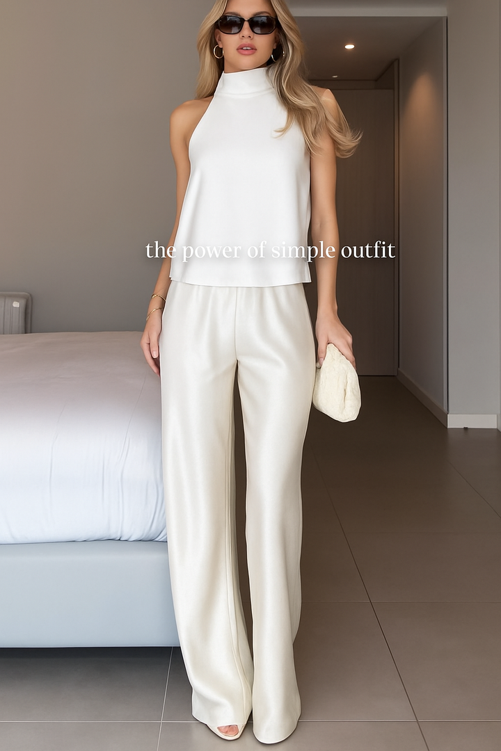 Modern Day Glam Satin Halter Tie-up Tank and Elastic Waist Wide Leg Pants Set