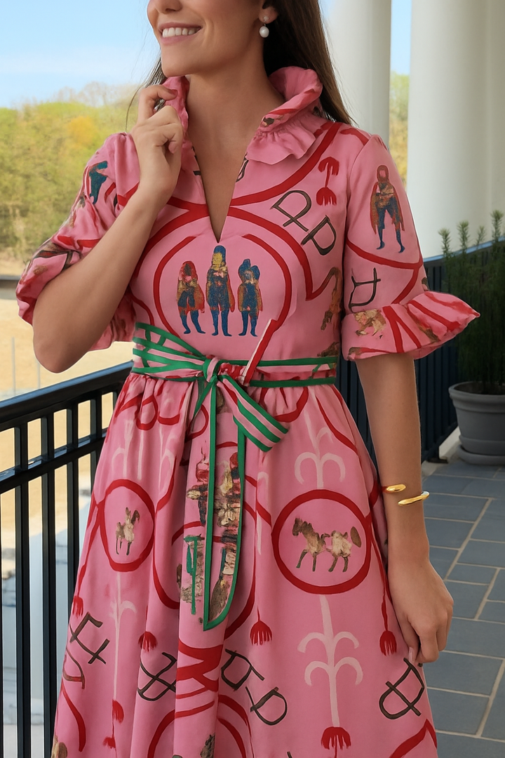 Churchill Social Playful Warhorse Print Stand Neck Ruffle Sleeve Belted Pocket Caftan Midi Dress