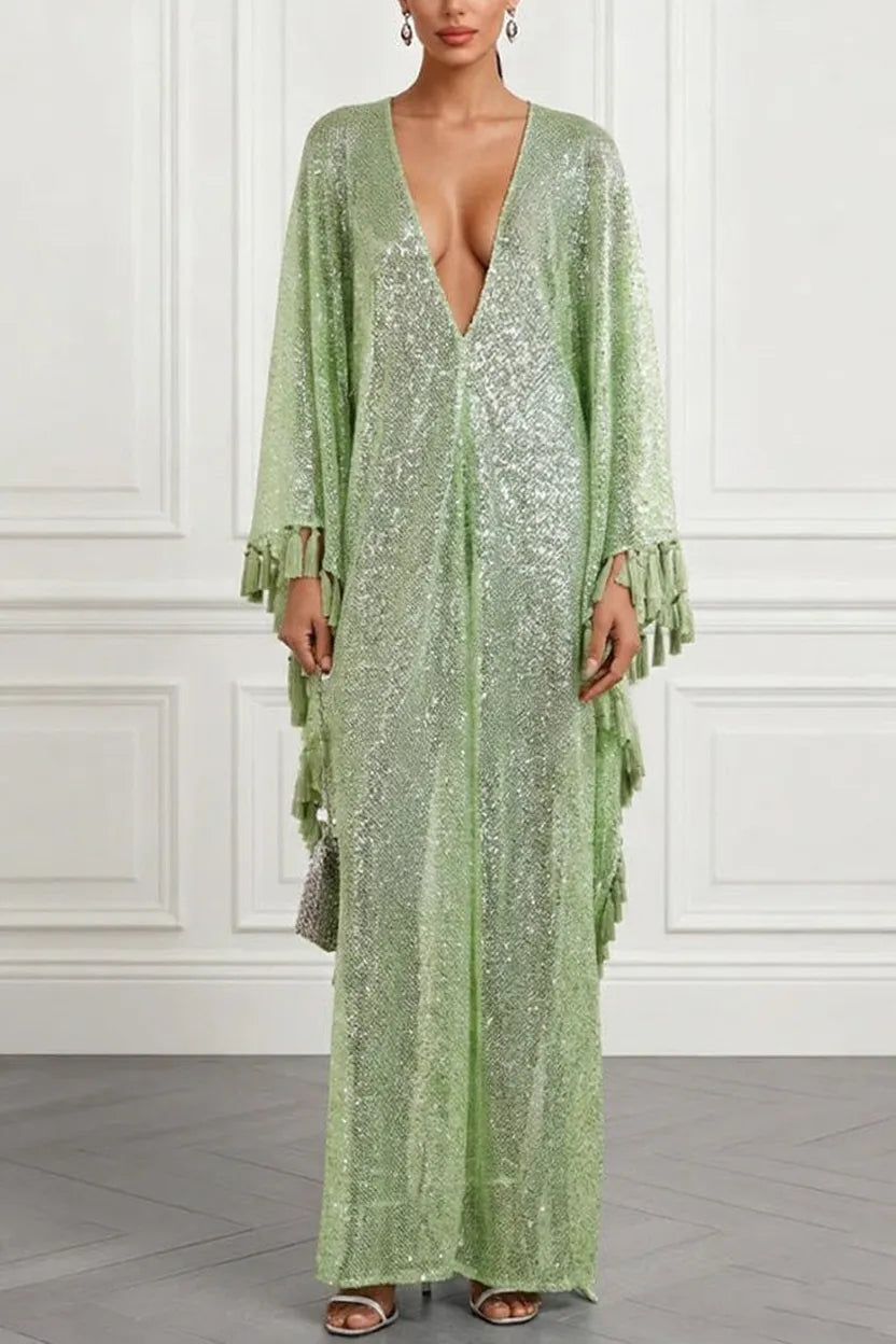 Gianna Sequin Deep V-neck Batwing Sleeve Fringed Trim Slit Gown Maxi Dress