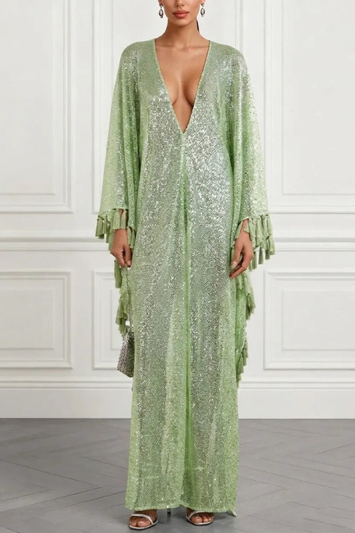 Gianna Sequin Deep V-neck Batwing Sleeve Fringed Trim Slit Gown Maxi Dress