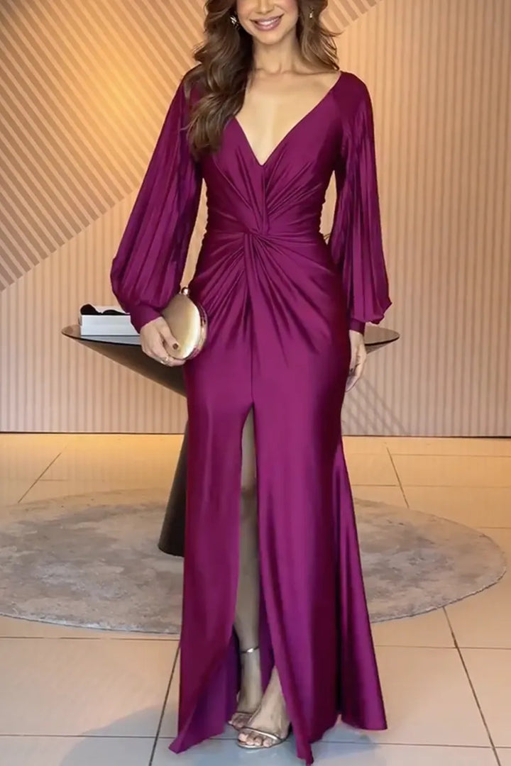 Raise A Toast Satin Long Balloon Sleeve Twist Waist Slit Maxi Dress