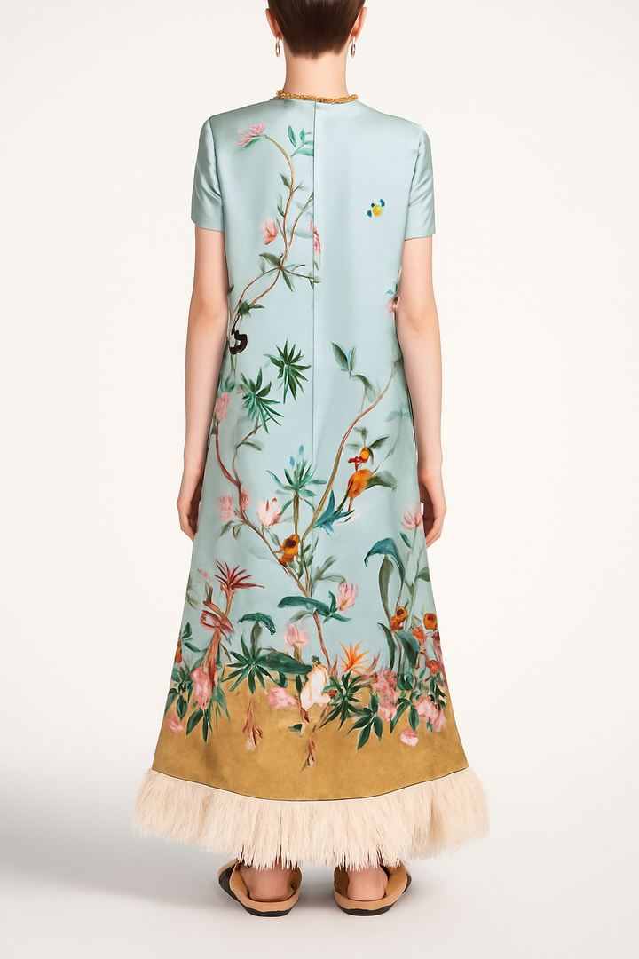 Mezcal Satin Floral Print Contrast Color Printed Short Sleeve Pocket Feather Trim Maxi Dress