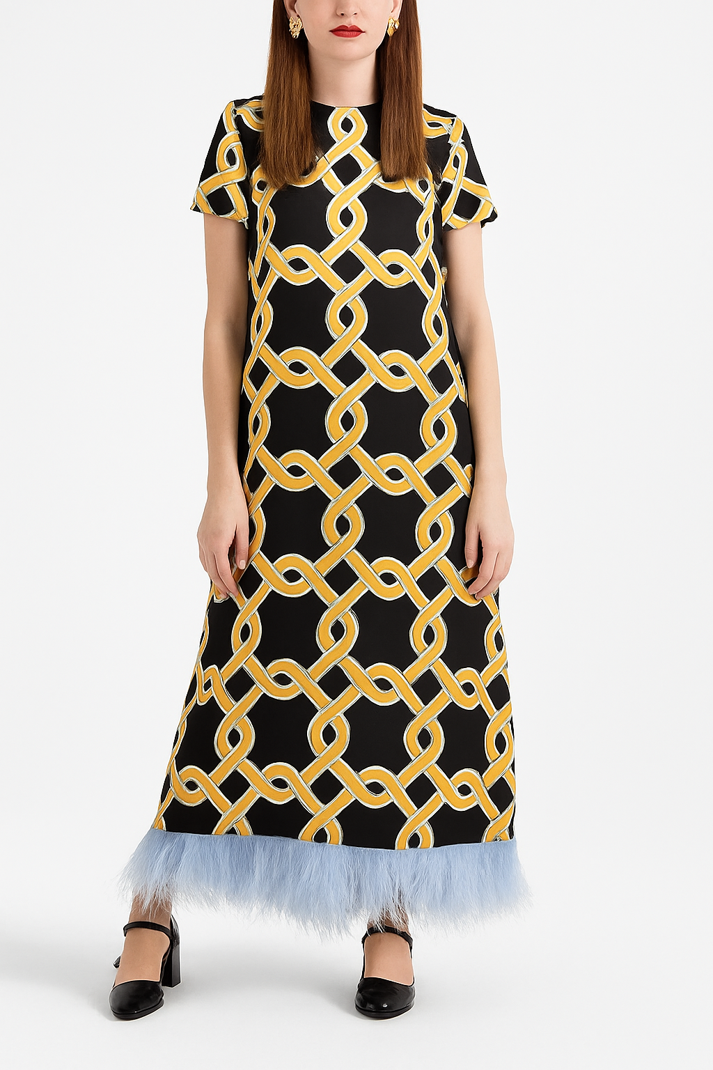 Annalisa Satin Court Style Contrast Color Printed Short Sleeve Pocket Feather Trim Maxi Dress