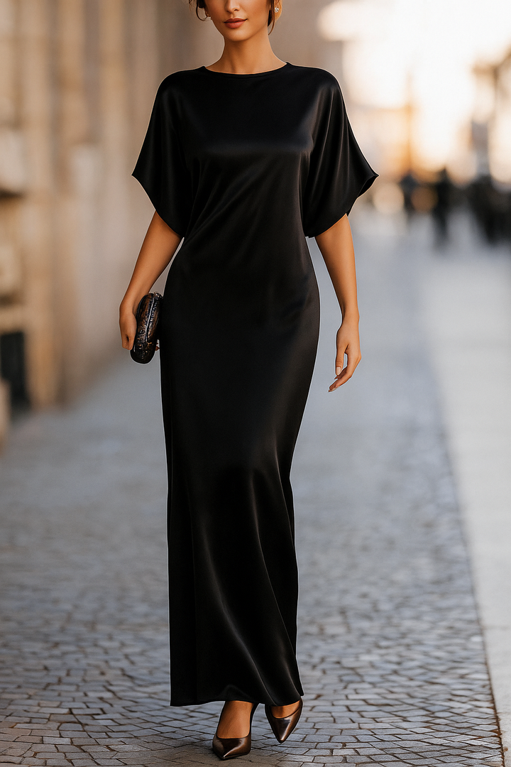 Solid Color Round Neck Short-sleeved Elegant Draped Maxi Dress