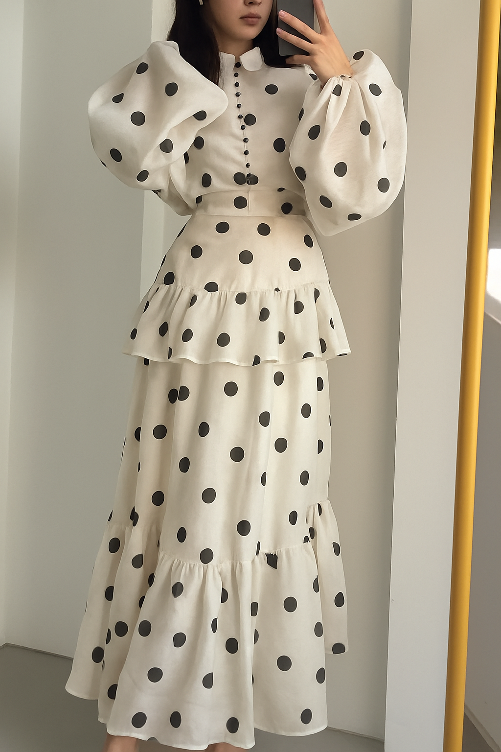 Stylish Polka Dot Print Stand Collar Long Sleeve Elegant Ruffle Maxi Dress