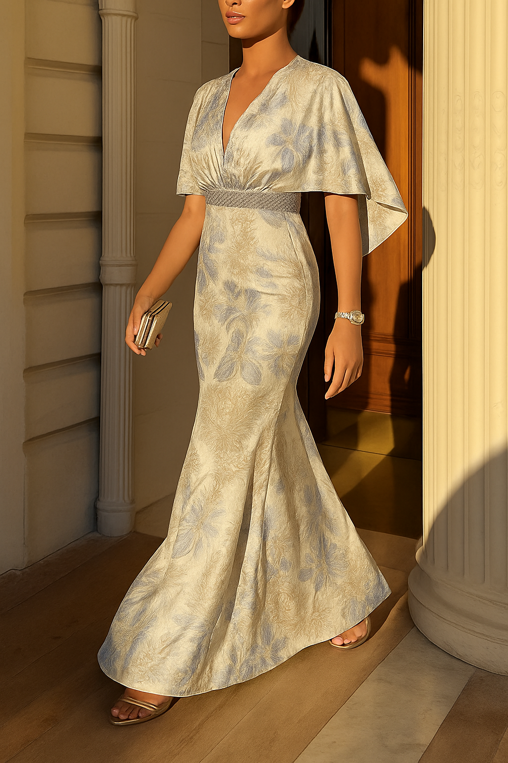 Ellie Floral Textured Diamond-embellished Belt Half Sleeve Mermaid Gown Maxi Dress