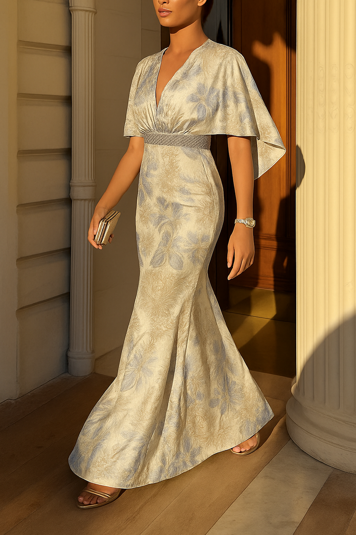 Ellie Floral Textured Diamond-embellished Belt Half Sleeve Mermaid Gown Maxi Dress