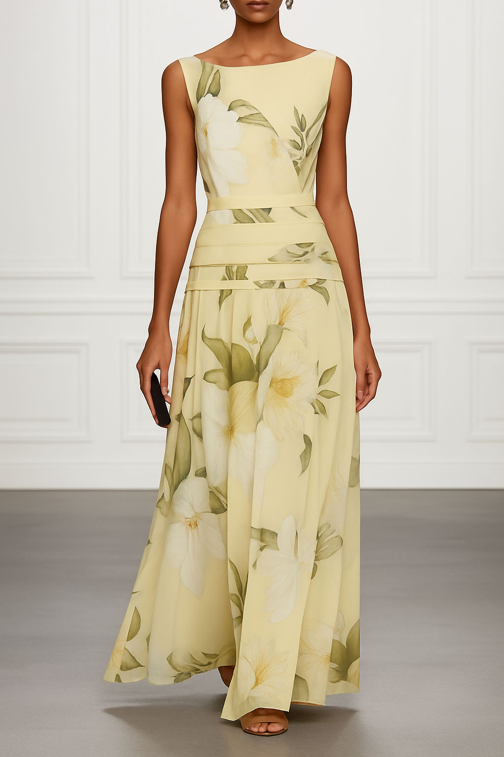 Classic Floral Print Boat Neck Ruched Waist Sleeveless A-Line Maxi Dress