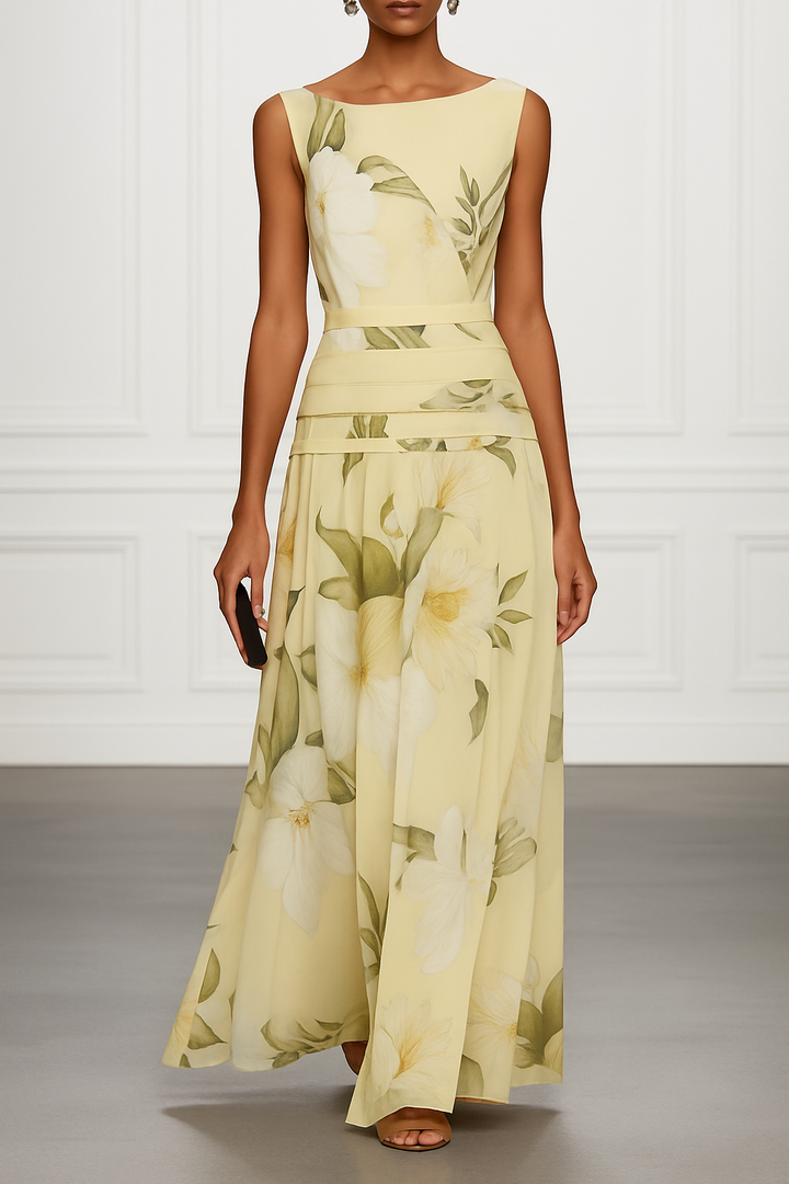 Classic Floral Print Boat Neck Ruched Waist Sleeveless A-Line Maxi Dress