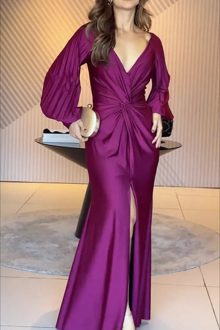 Raise A Toast Satin Long Balloon Sleeve Twist Waist Slit Maxi Dress