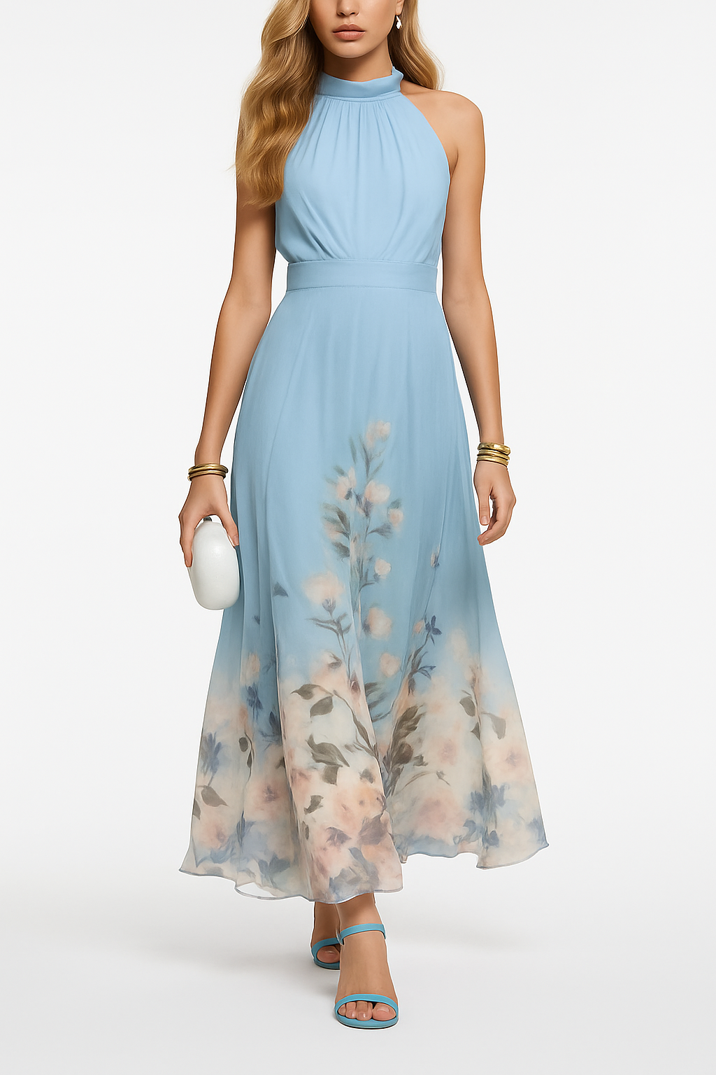 Floral Print Halter Neck Sleeveless Elegant Waist-cinching Maxi Dress