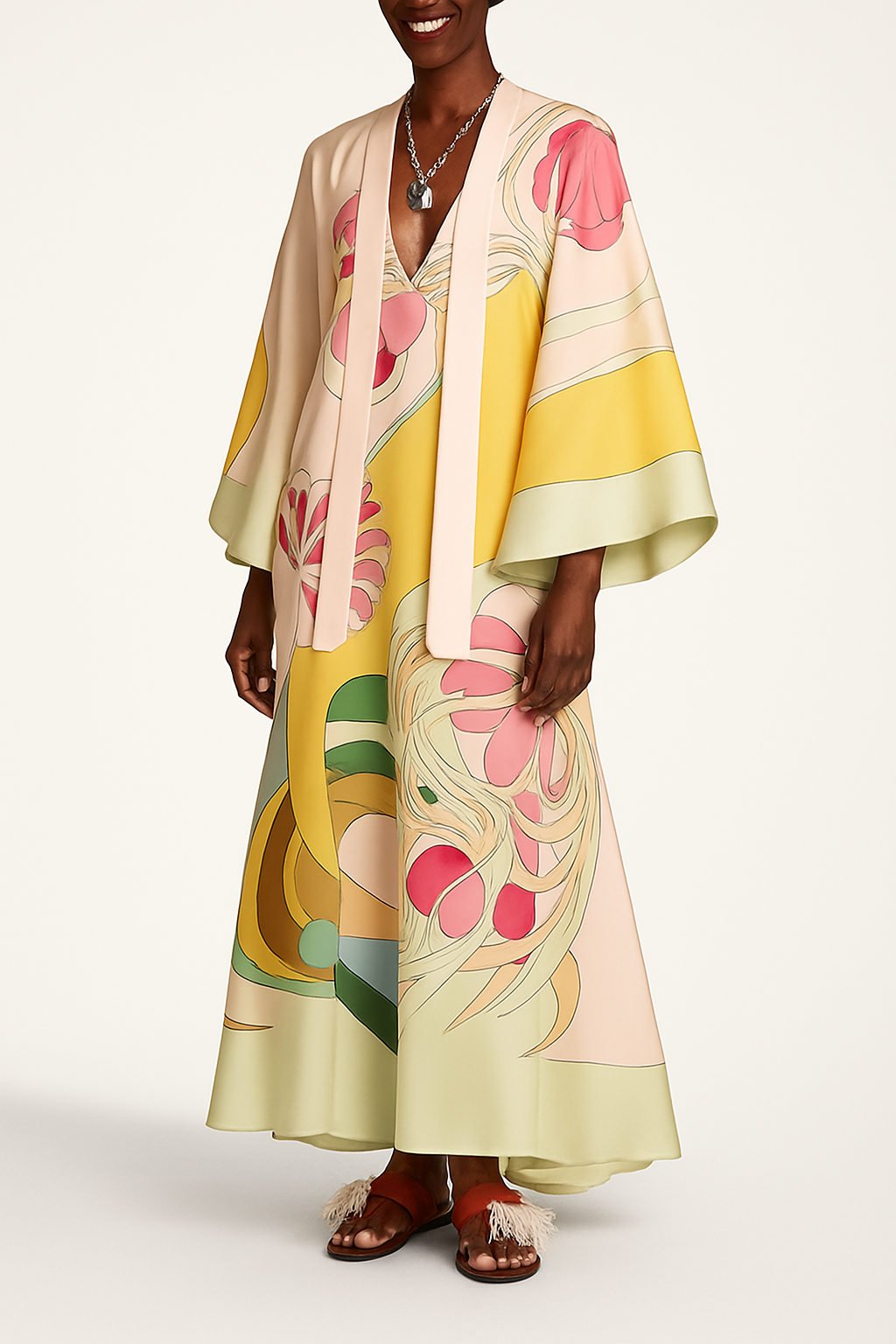 Darla Satin Colorful Baroque Style Printed Tie-up Neck Bell Sleeve Maxi Dress
