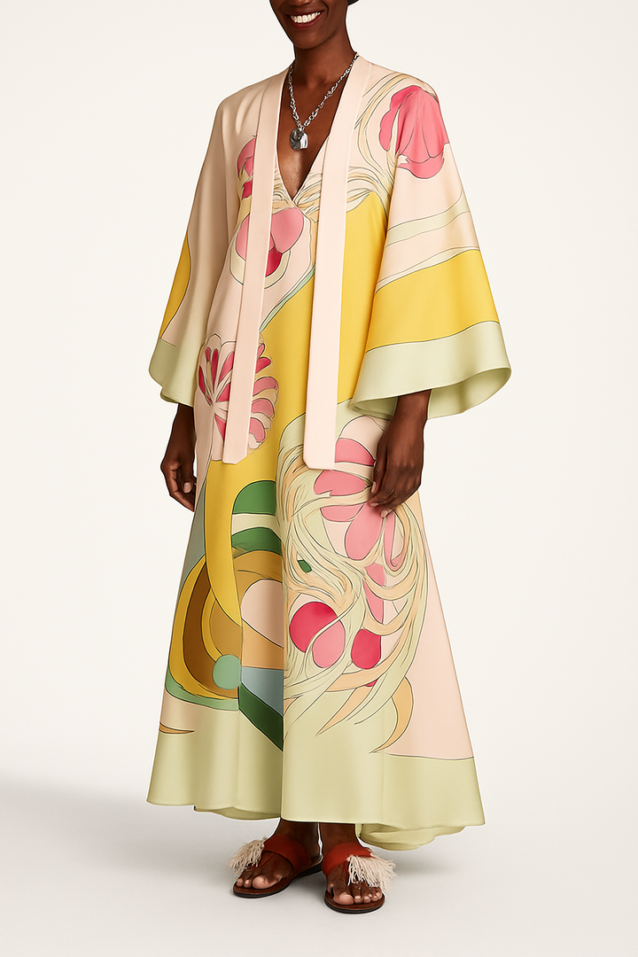 Darla Satin Colorful Baroque Style Printed Tie-up Neck Bell Sleeve Maxi Dress